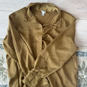 Olive Satin Button-Up Shirt